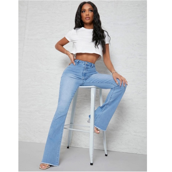 Flared Leg Blue Jeans High Waist for Curvy Hips Long Denim Bell Bottom - Picture 4 of 8